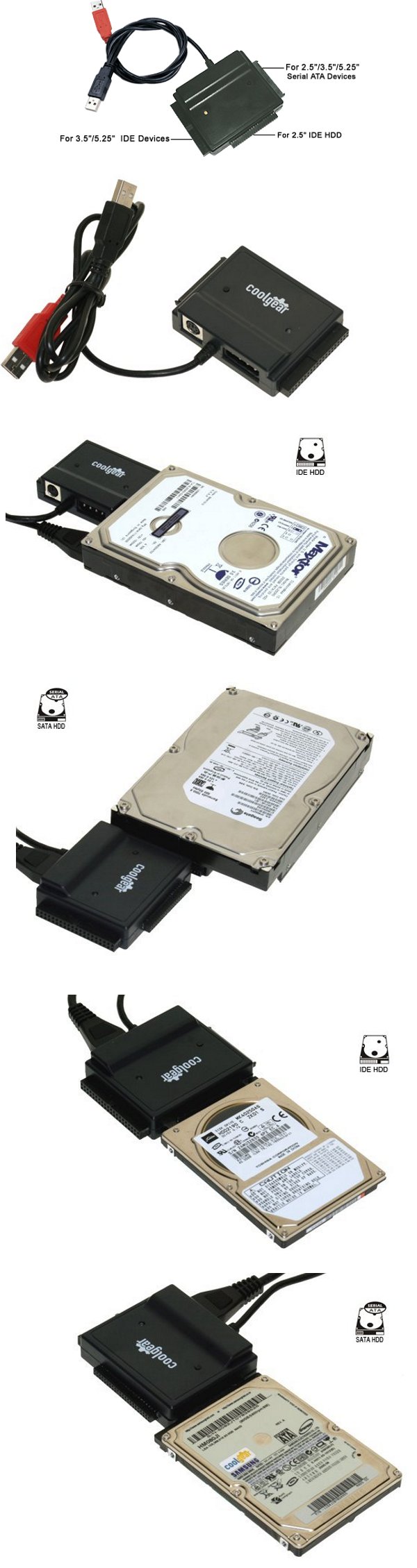 USB 2.0 to IDE/SATA Adapter, Works with 2.5/3.5/5.25 HDD