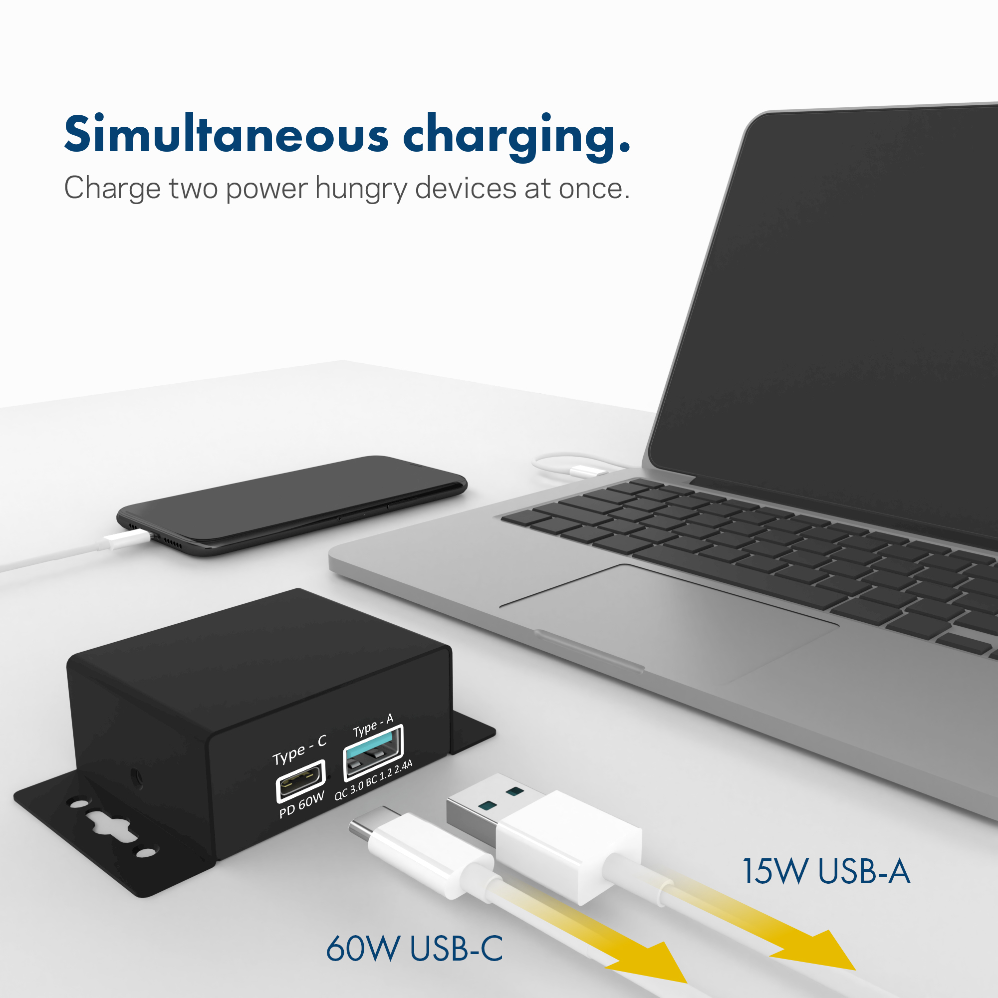 Mountable 5-Port USB-C Hub with 4K HDMI video output and 60W PD charging