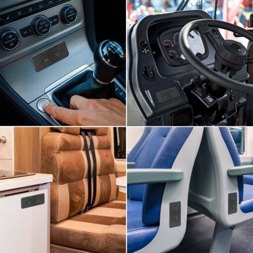 Photos depicting use cases for the dual USB C charger including installation into a car, fleet vehicle, recreational vehicle, and bus or train seat
