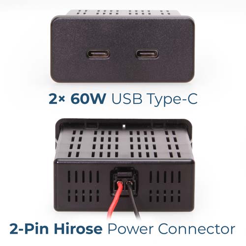 Front view showing two USB C ports and rear view shoring 2-pin Hirose power connector